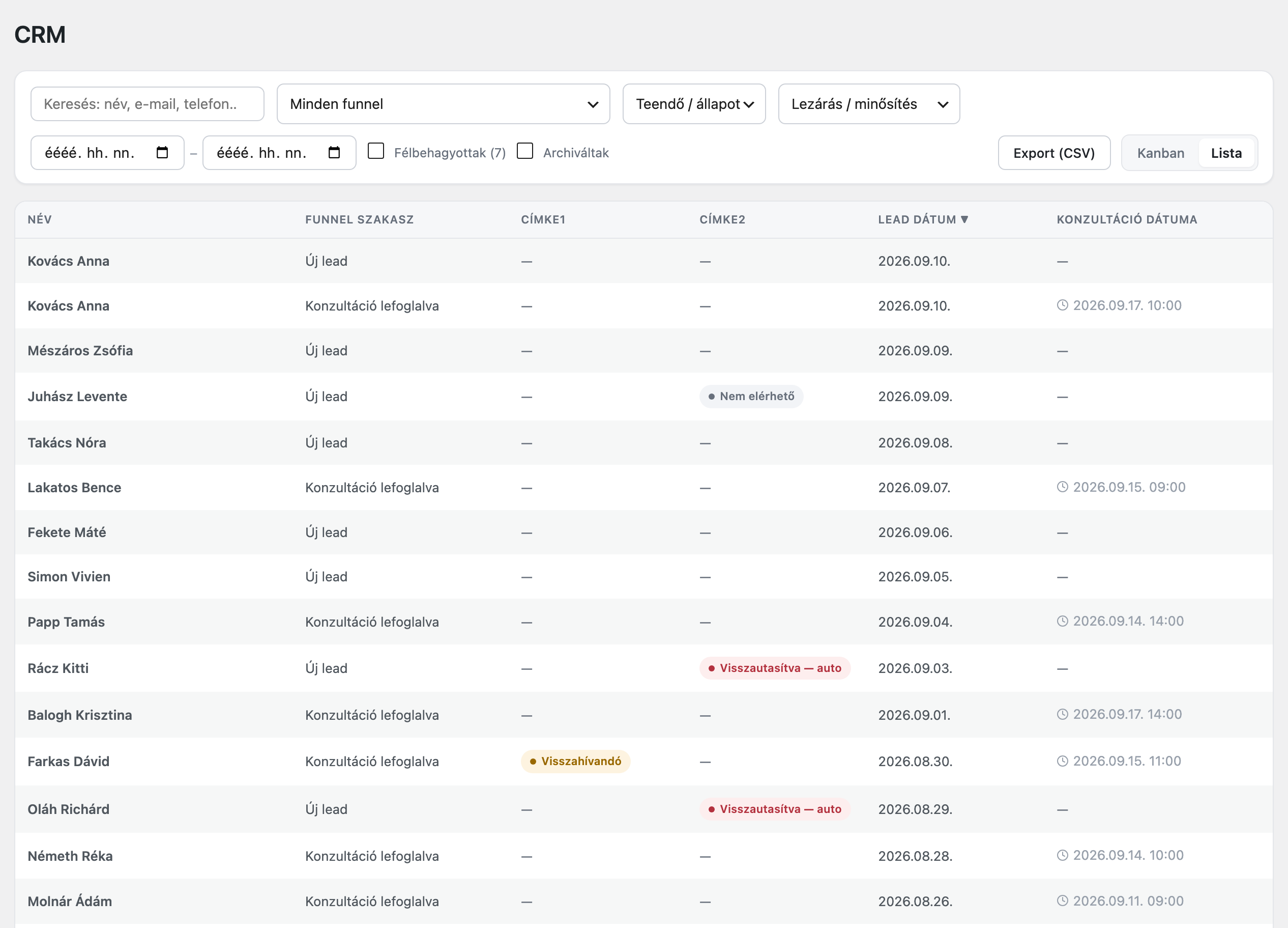 A CRM lista nézete