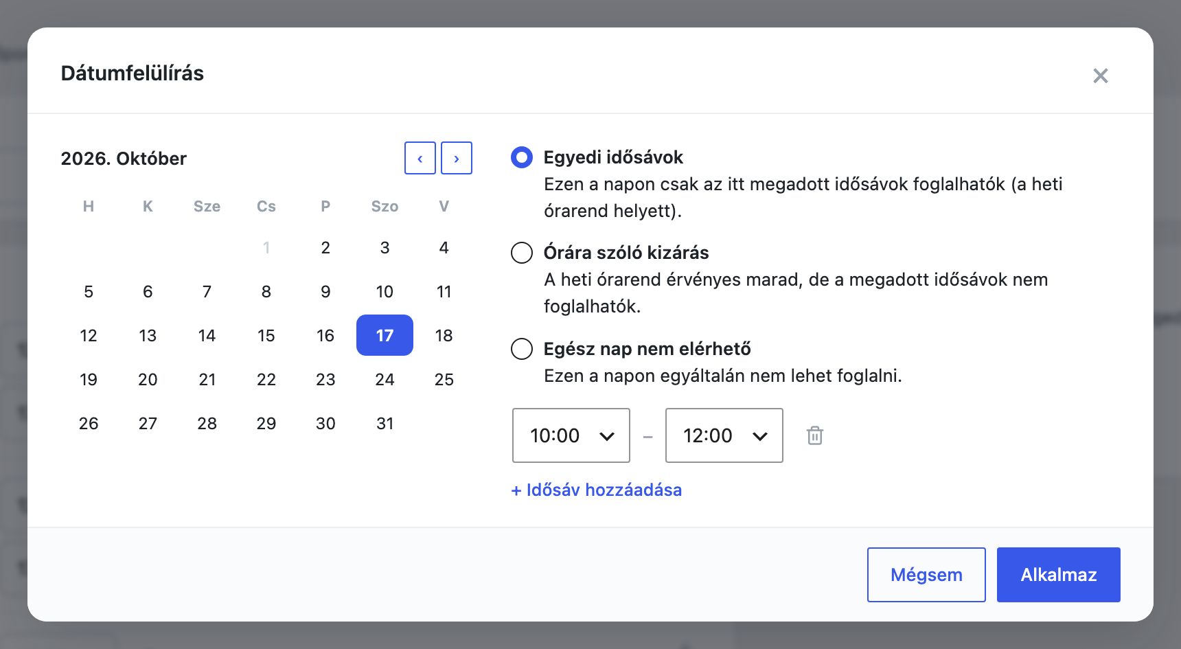 A dátumfelülírás ablaka a három módjával
