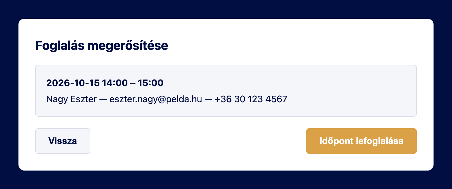 A foglalás megerősítő képernyője