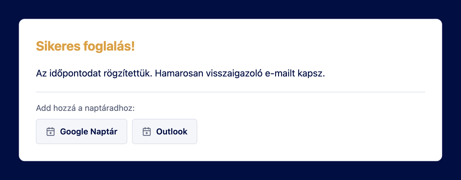 Sikeres foglalás képernyő naptár-hivatkozásokkal
