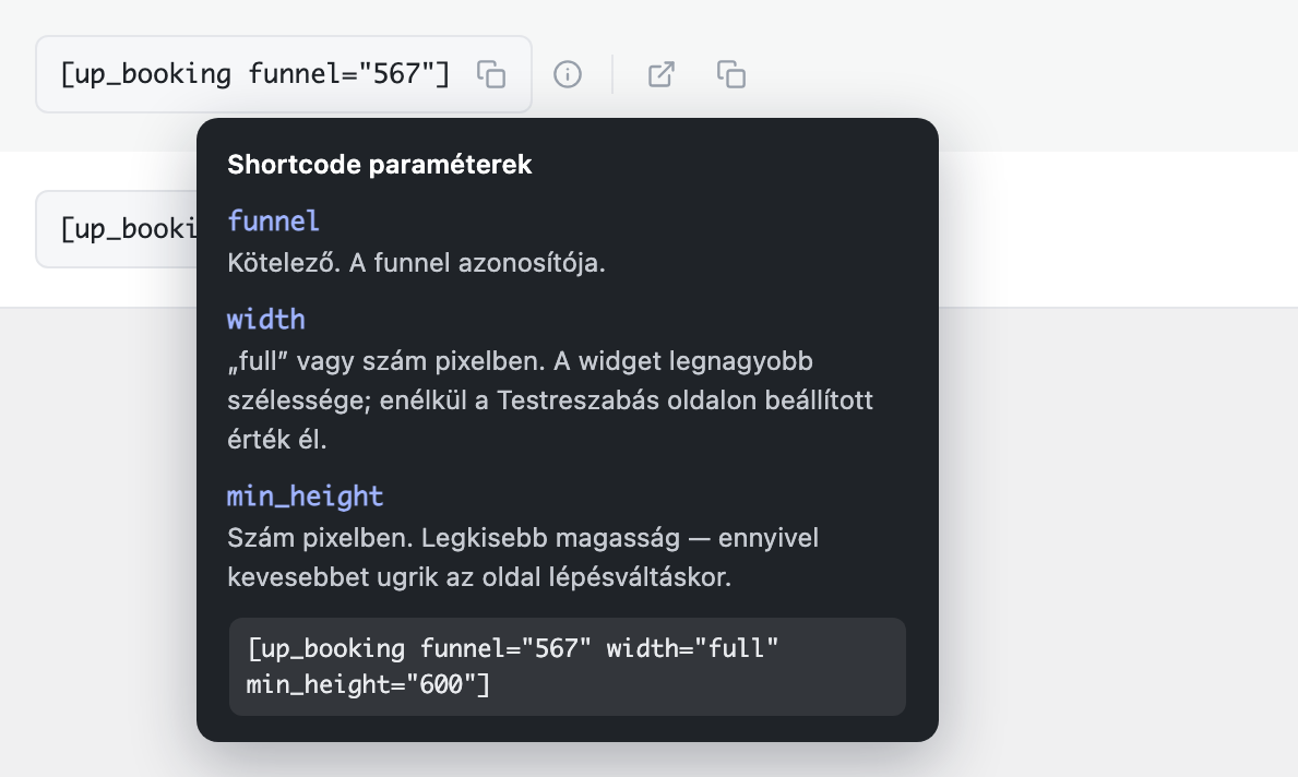 A shortcode cella ikonjai, nyitott paraméter-súgóval