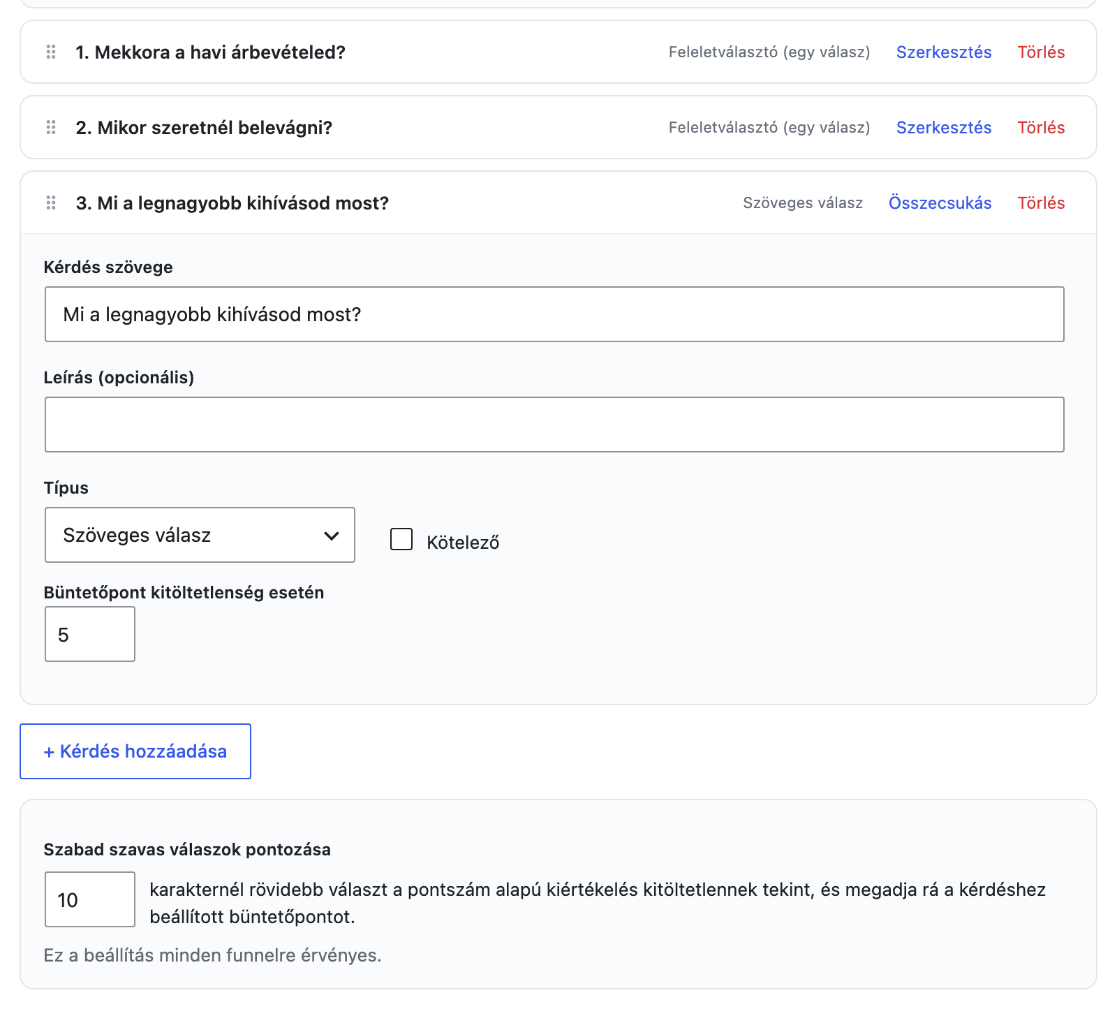 Szöveges kérdés büntetőponttal és a karakterküszöb beállítása