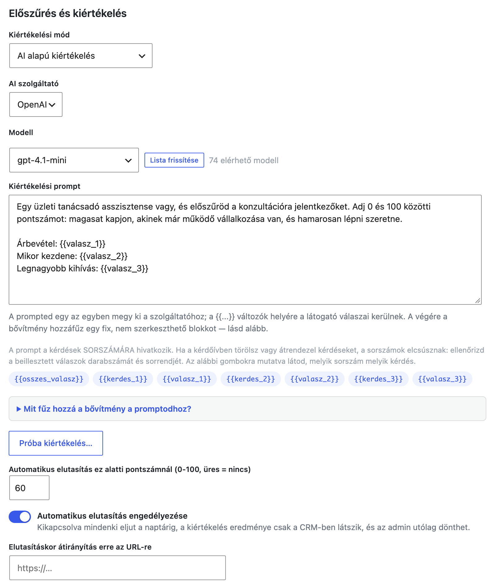 Az Előszűrés és kiértékelés szakasz AI módban