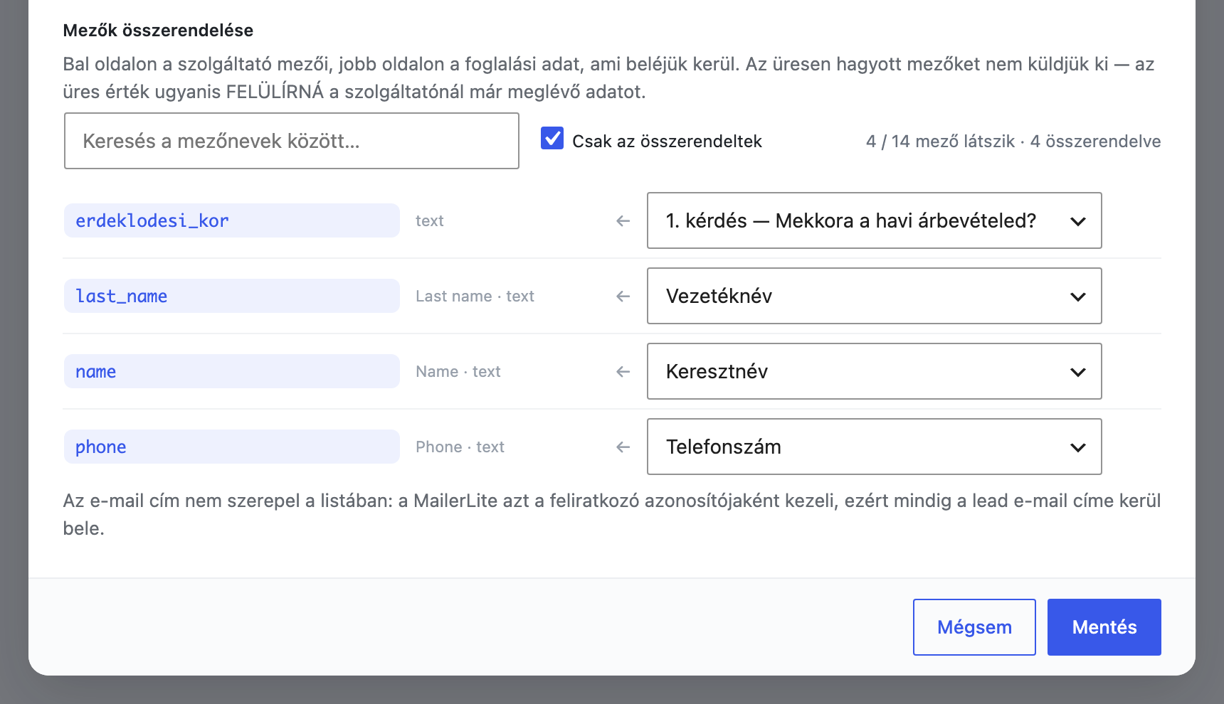 A mezőpárosító sorai keresővel és számlálóval