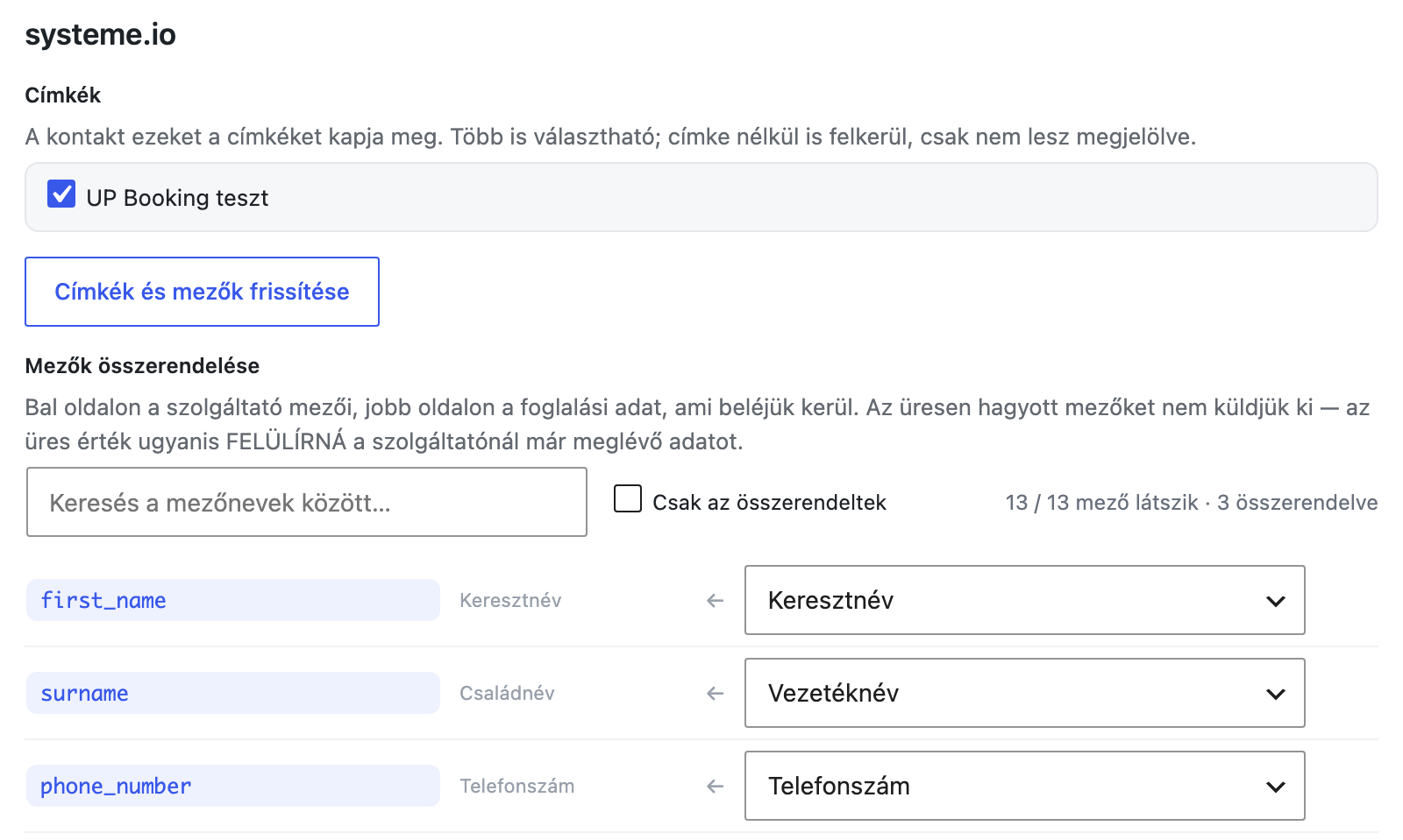 systeme.io beállítás: címkék jelölőnégyzetekkel