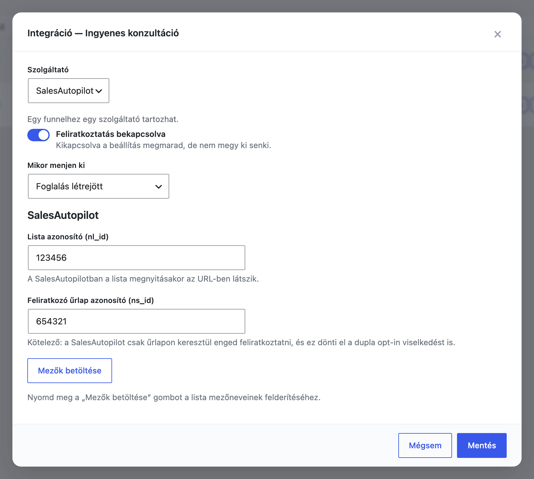 SalesAutopilot beállítás: a lista- és az űrlapazonosító mező kitöltve, alatta a Mezők betöltése gomb
