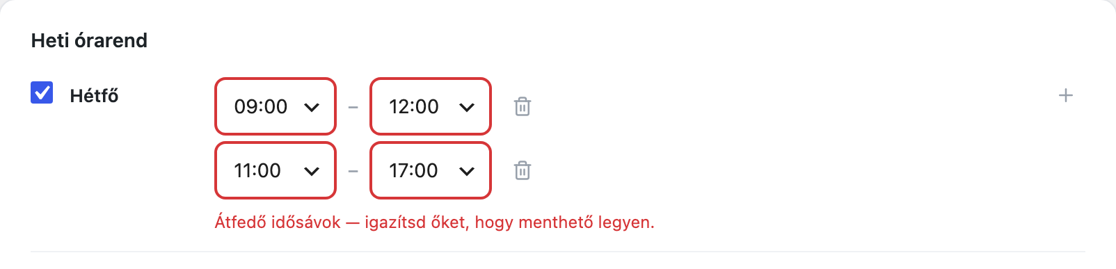 Átfedő idősávok piros jelöléssel és letiltott mentés gombbal