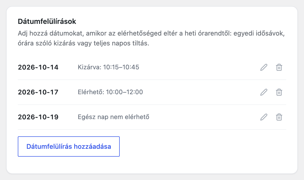 A dátumfelülírások listája a három móddal