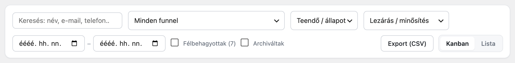 A CRM felső szűrősora