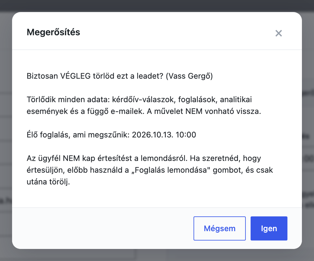 A végleges törlés megerősítő ablaka