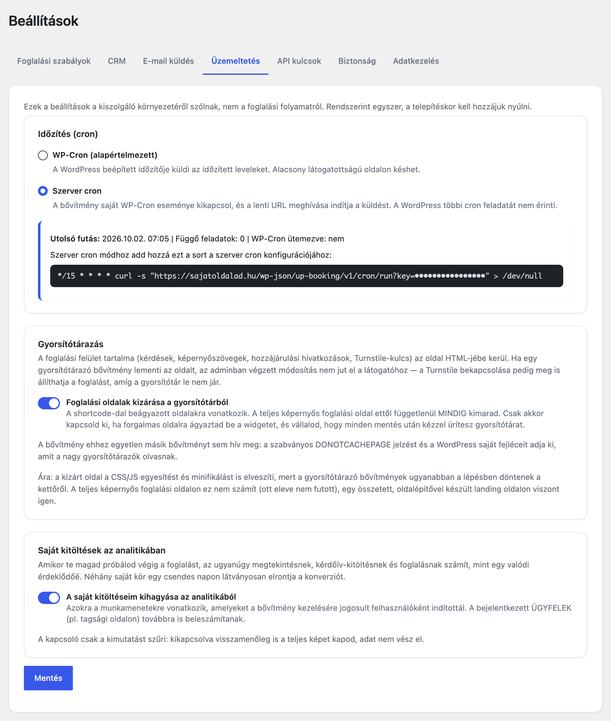 Az Üzemeltetés fül az időzítéssel, a gyorsítótárazással és az analitika-beállítással