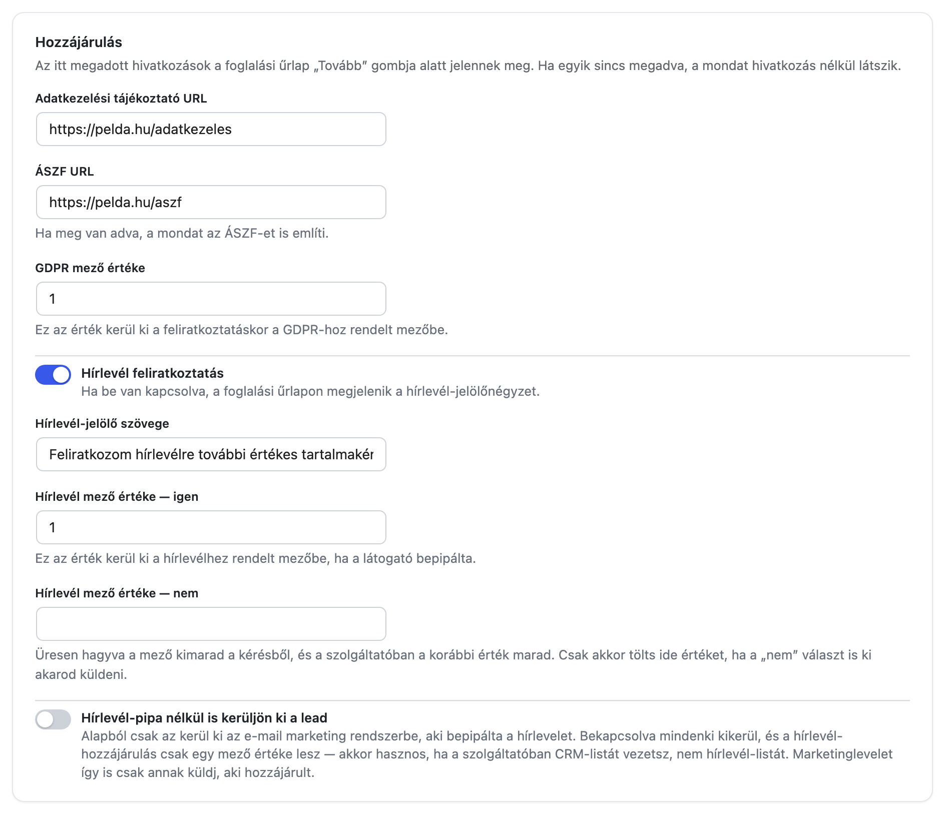 A Hozzájárulás kártya a linkekkel és a hírlevél-beállításokkal