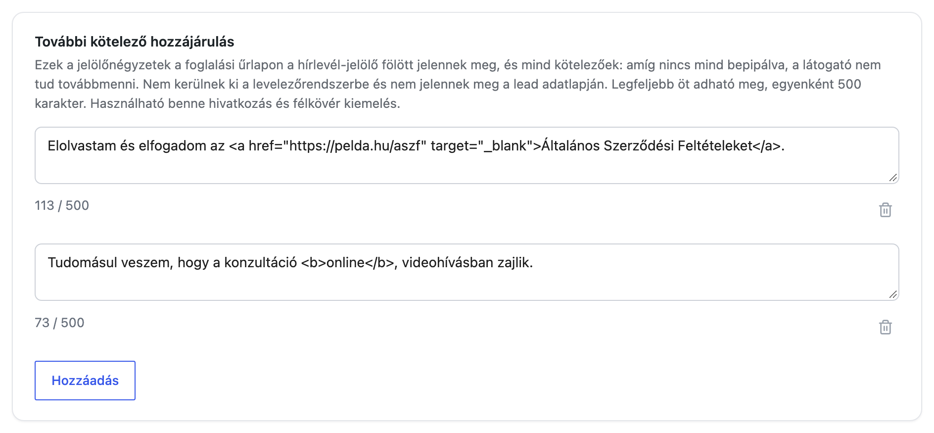 Két kötelező hozzájárulás a beállításokban