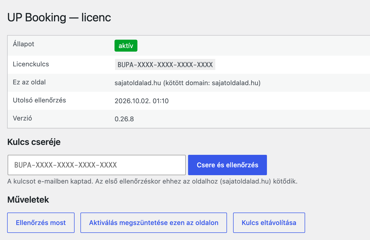 A Licenc oldal aktív licenccel
