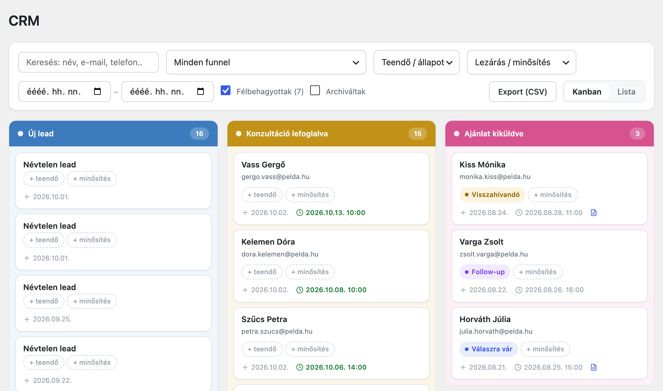 A CRM kanban nézete bepipált Félbehagyottak jelölővel, az Új lead oszlopban Névtelen lead kártyákkal